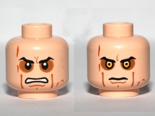 Minifigure, Head Dual Sided Black Angled Eyebrows, Dark Orange Eye Shadow, Cheek Lines, Chin Dimple and Scars, Angry Open Mouth with Teeth / Yellow Eyes and Stern Pattern
