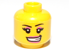 Minifigure, Head Female with Black Eyebrows, Eyelashes, Dark Pink Eye Shadow and Lips, Lopsided Open Mouth Smile with Teeth Pattern