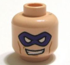 Minifigure, Head Dark Purple Mask with White Eye Holes, Medium Nougat Cheek Lines and Chin Dimple, Lopsided Open Mouth Smile with Teeth Pattern