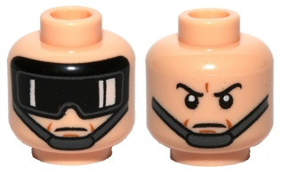 Minifigure, Head Dual Sided Black Eyebrows, Medium Nougat Dimples and Chin Dimple, Dark Bluish Gray Chin Strap, Neutral and Goggles with White Reflections / Angry Pattern