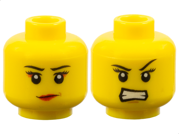 Minifigure, Head Dual Sided Female Black Thin Eyebrows, Eyelashes, Smirk and Red Lips / Angry Bared Teeth and Medium Nougat Chin Dimple Pattern
