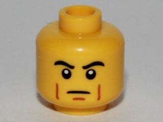 Minifigure, Head Male Black Thick Eyebrows, Brown Cheek Lines, Determined Pattern