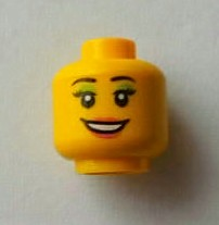 Minifigure, Head Female with Peach Lips, Open Mouth Smile, Black Eyebrows, Light Green Eye Shadow Pattern