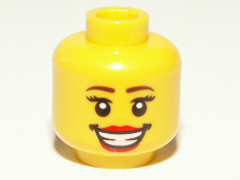 Minifigure, Head Female Reddish Brown Eyebrows, Black Eyelashes, Red Lips, Open Mouth Smile with Teeth and Dimples Pattern