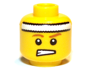 Minifigure, Head Male Headband White, Brown Eyebrows, Teeth Clenched Pattern