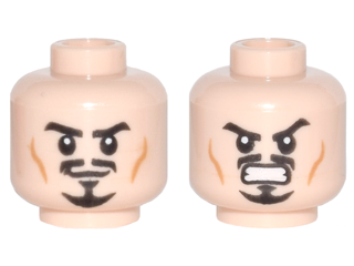 Minifigure, Head Dual Sided Black Eyebrows, Trimmed Moustache and Goatee, Medium Nougat Cheek Lines, Determined Grin / Angry Bared Teeth Pattern