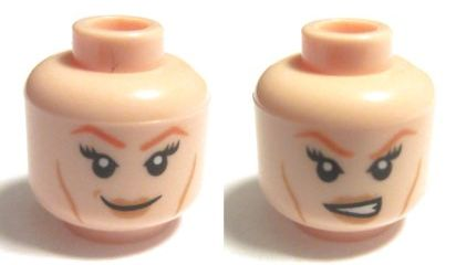 Minifigure, Head Dual Sided Female, Dark Orange Eyebrows, Eyelashes and Cheek Lines, Smile / Angry Pattern