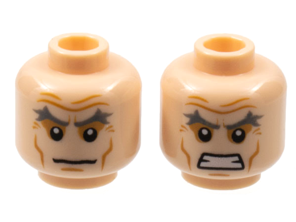 Minifigure, Head Dual Sided Dark Bluish Gray Bushy Eyebrows, Medium Nougat Wrinkles and Cheek Lines, Neutral / Bared Teeth Pattern