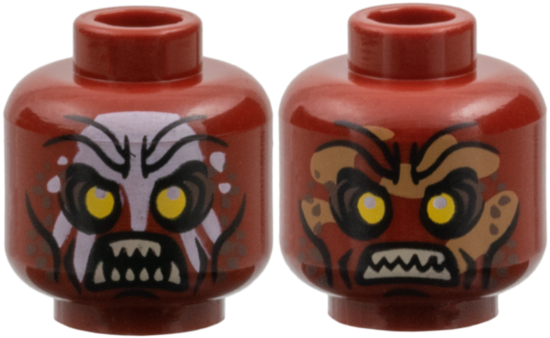 Minifigure, Head Dual Sided Alien Orc with Yellow Eyes, Dark Brown Eye Shadow and Spots, Black Cheek Lines and Chin Dimple, Furrowed Brow, White Face Paint and Angry Open Mouth with Tan Sharp Teeth Parted / Dark Tan Dirt Stains and Bared Teeth Pattern