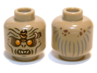 Minifigure, Head Alien Orc with Orange Eyes, Reddish Brown Eye Shadow and Spots, Nostrils, Black Cheek Lines and Chin Dimple, Furrowed Brow with Copper Rings, Open Mouth with Top Teeth, Dark Bluish Gray Hair Lines on Back Pattern
