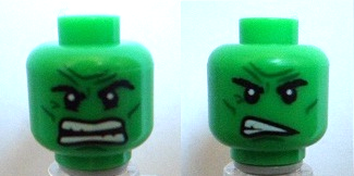 Minifigure, Head Dual Sided Alien with Black Thick Eyebrows, Dark Green Cheek Lines, Chin Dimple and Wrinkles, Furrowed Brow, Angry Open Mouth with Teeth Parted / Scowl Pattern