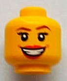 Minifigure, Head Female with Large Red Lips, Open Mouth Smile with Teeth, Brown Eyebrows, Thin Eyelashes and White Pupils Pattern