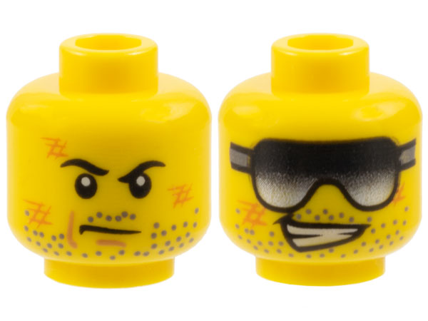 Minifigure, Head Dual Sided Dark Bluish Gray Stubble, Orange Scuff Marks, Black Eyebrows, Nougat Jowl Line and Chin Dimple, and Scowl / Goggles and Lopsided Open Mouth Smile with Teeth Pattern