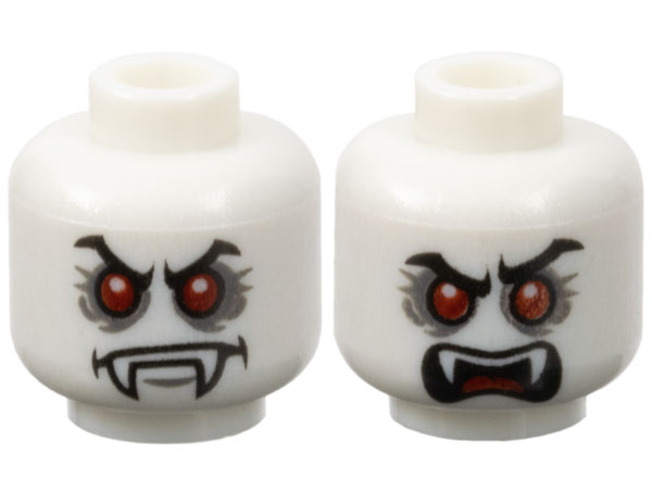 Minifigure, Head Dual Sided Alien Vampire Black Eyebrows, Red Eyes, Dark Bluish Gray Eye Shadow, Scowl / Open Mouth with Fangs and Tongue Pattern