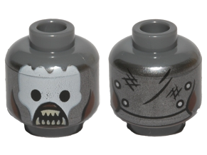Minifigure, Head Alien Orc with Dark Silver Helmet with Black Eye Holes and White Paint over Reddish Brown Face, Open Mouth with Tan Sharp Teeth Parted, Rivets and Scuff Marks on Back Pattern