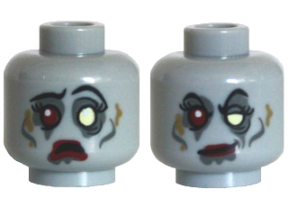 Minifigure, Head Dual Sided Alien Female Zombie with Black Eyebrows, Eyelashes, Dark Bluish Gray Eye Shadow, Cheek Lines and Drool, Bright Light Yellow Left Eye, Dark Red Right Eye and Lips, Dark Tan Dirt Stains, Sad Open Mouth Frown / Smirk Pattern