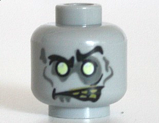 Minifigure, Head Alien Zombie with Black Eyebrows, Left Raised, Yellowish Green Eyes, Dark Bluish Gray Eye Shadow, Cheek Lines, Spots and Drool, Lopsided Open Mouth with Olive Green Teeth Pattern