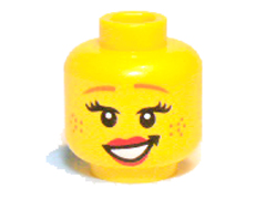 Minifigure, Head Female Brown Eyebrows, Freckles, Eyelashes, Red Lips, Smile with Teeth Pattern