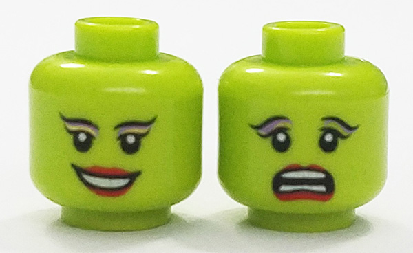 Minifigure, Head Dual Sided Alien Female SW Twi'lek with Black Arched Eyebrows, Eyelashes, Red Lips, Smile / Scared Pattern