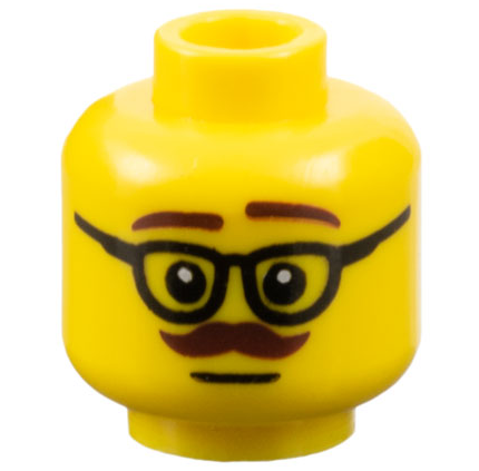 Minifigure, Head Male Dark Brown Eyebrows and Moustache, Left Raised Eyebrow, Black Glasses, Neutral Pattern