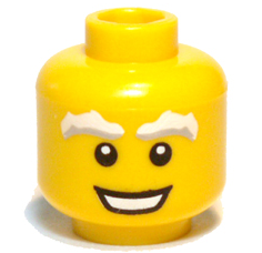 Minifigure, Head Light Bluish Gray and White Bushy Eyebrows, Open Mouth Smile with Teeth Pattern