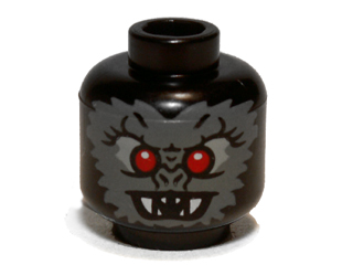 Minifigure, Head Alien Bat with Red Eyes, Light Bluish Gray Eye Shadow, Dark Bluish Gray Fur, and Open Mouth with White Fangs Pattern