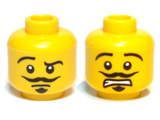 Minifigure, Head Dual Sided Moustache, Goatee, Right Raised Eyebrow, Smirk / Open Mouth Scared Pattern