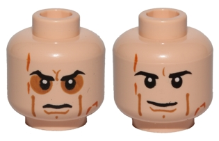 Minifigure, Head Dual Sided Black Angled Eyebrows, Dark Orange Cheek Lines, Chin Dimple and Scars, Angry Frown and Eye Shadow / Slight Grin Pattern