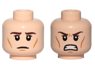 Minifigure, Head Dual Sided Dark Brown Eyebrows, Upper Eyelids, Medium Nougat Cheek Lines and Chin Dimple, Neutral / Angry Bared Teeth Pattern