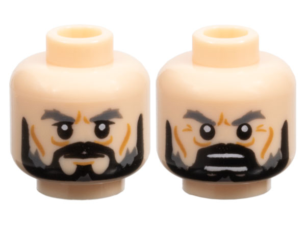 Minifigure, Head Dual Sided LotR Dark Bluish Gray Eyebrows, Black Beard, Wrinkles, Stern / Open Mouth with Teeth Pattern