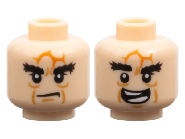 Minifigure, Head Dual Sided LotR Black Bushy Eyebrows, Dark Orange Scars, Medium Nougat Wrinkles, Stern / Open Mouth Smile with Teeth Parted Pattern