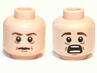 Minifigure, Head Dual Sided Dark Brown Eyebrows, Medium Nougat Dimples, Wrinkles, and Chin Dimple, Neutral / Open Mouth Scared with Teeth Parted Pattern