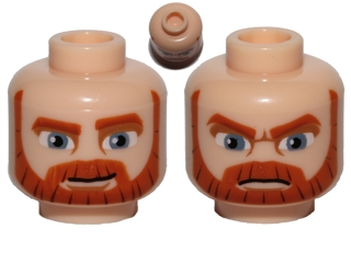 Minifigure, Head Dual Sided Beard Thick with Lines, Dark Orange Eyebrows, Moustache, Large Blue Eyes, Smile / Angry Pattern