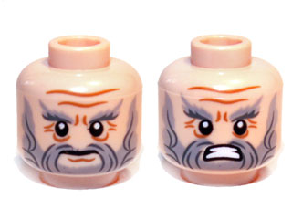 Minifigure, Head Dual Sided LotR Beard Gray Full, Bushy Eyebrows and Wrinkles, Calm / Battle Rage Pattern (Dori)