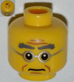 Minifigure, Head Male Bushy Gray Eyebrows, Wrinkles, Silver Frame Glasses Pattern