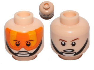 Minifigure, Head Dual Sided Orange Visor, Chin Strap, Stern Brown Eyebrows, Pupils / Open Mouth Pattern (SW Luke Skywalker)