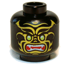 Minifigure, Head Alien with Lime Eyes, Yellow Markings, Angry Open Red Mouth with Sharp Teeth Parted Pattern