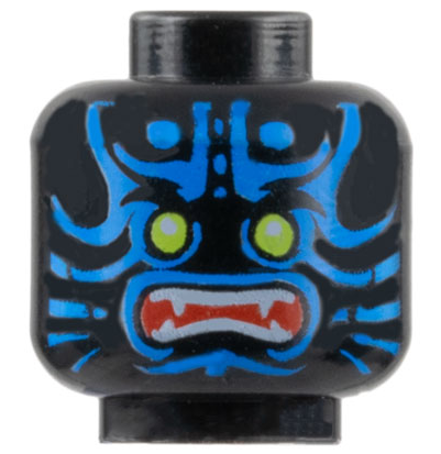 Minifigure, Head Alien with Lime Eyes, Blue Markings, Angry Open Red Mouth with Sharp Teeth Parted Pattern