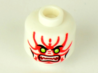 Minifigure, Head Alien with Lime Eyes, White Fangs, Red Face Decorations, Dark Red Mouth and Black Cheek Lines Pattern