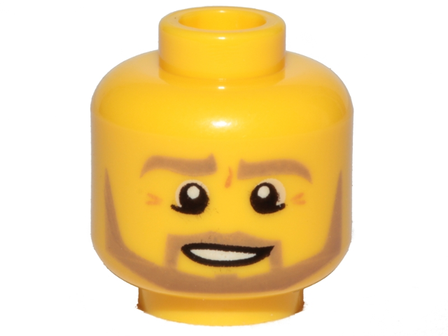 Minifigure, Head Dark Tan Eyebrows, Moustache and Angular Beard, Lower Eyelids, Medium Nougat Wrinkles, Lopsided Open Mouth Smile with Teeth and Top Lip Line Pattern