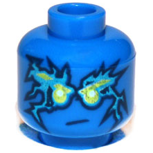 Minifigure, Head Neon Green Eyebrows and Eyes, Scar on Right Eyebrow, Dark Blue and Metallic Cyan Electricity Lightning Energy, Lopsided Stern Pattern