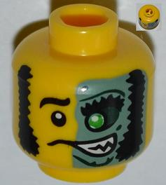 Minifigure, Head Male Mask Half Sand Green with Green Eye Open Grin Pattern
