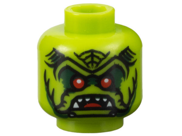 Minifigure, Head Alien with Red Eyes, Dark Green Eye Shadow, Black Markings, and Open Mouth with Tongue and Sharp White Teeth Pattern