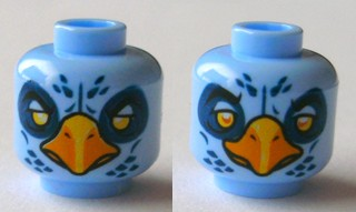 Minifigure, Head Dual Sided Alien Chima Eagle with Yellow Eyes, Dark Blue Eye Shadow and Feathers, and Bright Light Orange Beak, White / Bright Light Orange Pupils Pattern