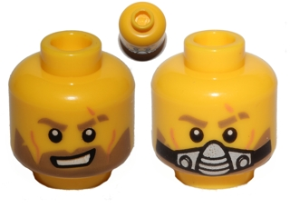 Minifigure, Head Dual Sided Light Brown Eyebrows and Beard, Scar, Open Mouth with Teeth / Breathing Apparatus Pattern