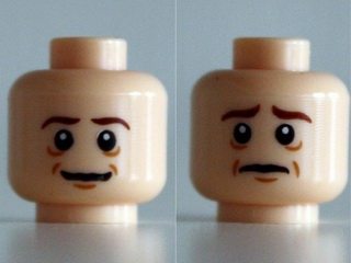 Minifigure, Head Dual Sided Reddish Brown Eyebrows, Medium Nougat Chin Dimple, Dimples and Wrinkles, Slight Grin / Worried Pattern