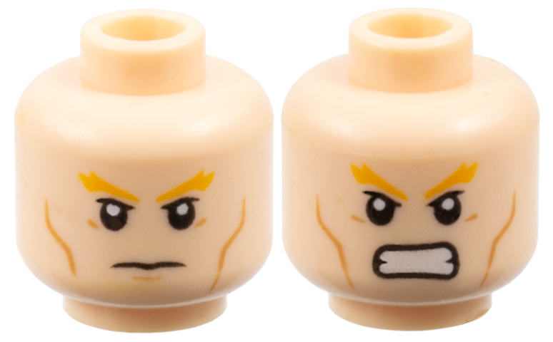 Minifigure, Head Dual Sided Bright Light Orange Bushy Eyebrows, Upper Eyelids, Medium Nougat Cheek Lines, Stern with Chin Dimple / Angry Bared Teeth Pattern