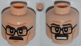 Minifigure, Head Dual Sided Black Glasses, Brown Moustache, Wrinkles, Mouth Closed / Clenched Teeth Pattern