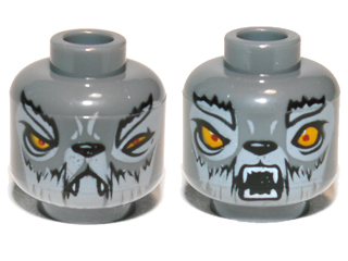 Minifigure, Head Dual Sided Alien Wolf with Light Bluish Gray Eyebrows and Fur, Bright Light Orange Eyes, Black Nose, Neutral with Fangs / Open Mouth with Teeth Parted Pattern