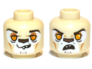 Minifigure, Head Dual Sided Alien Chima Lion with Black Eyebrows, Bright Light Orange Eyes, Medium Nougat Eye Shadow and Cheek Lines, Dark Brown Nose, Lopsided Grin with Sharp Top Teeth / Surprised Open Mouth Pattern